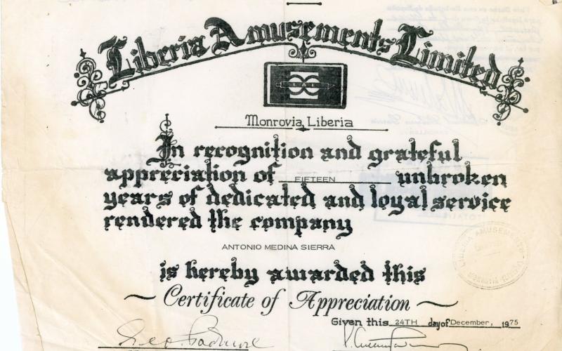 Certificado de gratitud otorgado por Liberia Amusements a Antonio Medina